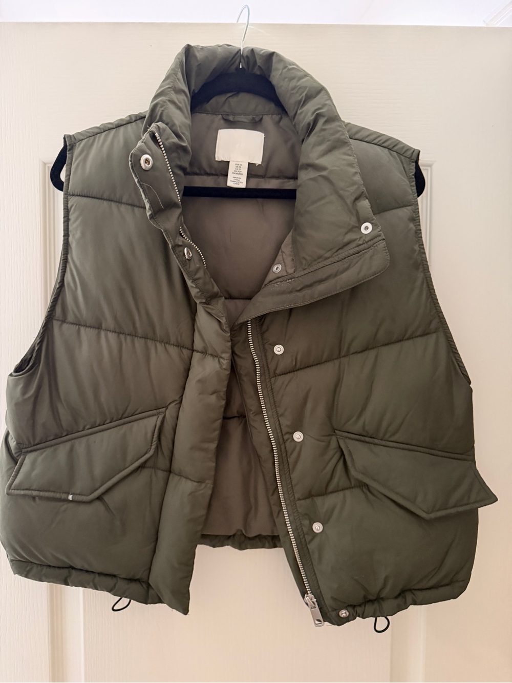 Quilted Cropped Puffer Vest - Olive Green